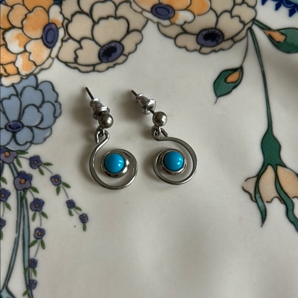 Jewelry - Hand Made Sterling Silver Spiral Earrings with Turquoise Accents